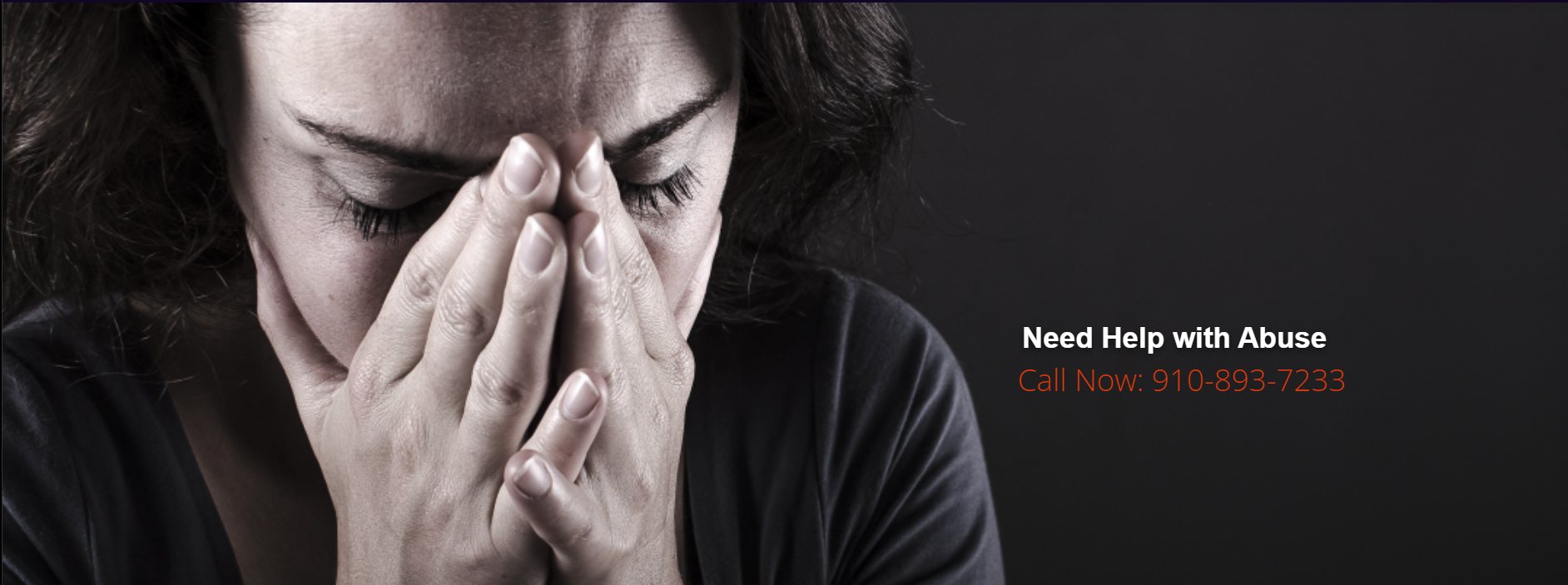 A woman with her hands to her face. Caption: Need help with abuse. Call now.
